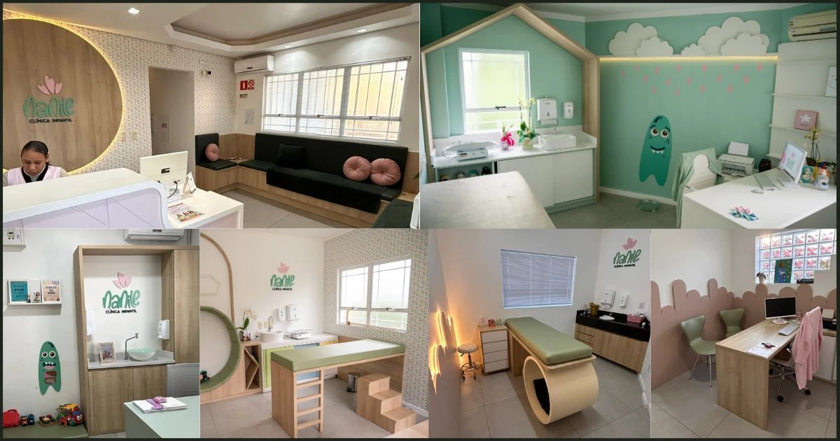 Ambientes da Clínica Nanile: recepção, salas de atendimento e consultórios decorados para crianças